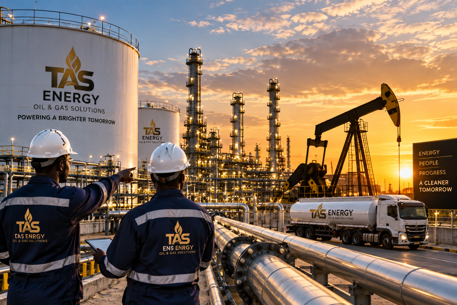 TAS Energy oil and gas facility at sunset